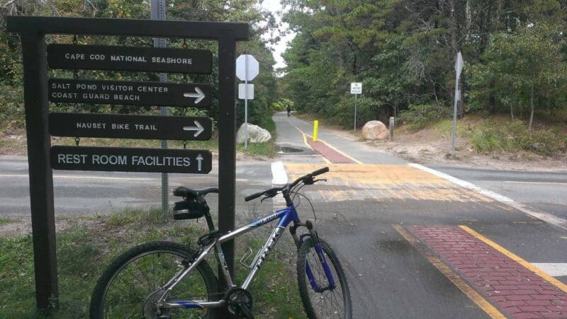 Bike by a sign on the Cape Cod Rail Trail