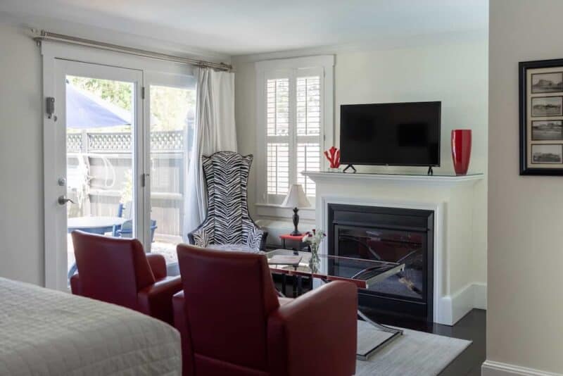 Romantic guest room with a fire place at Platinum Pebble Bed and Breakfast - the best place to stay in Cape Cod