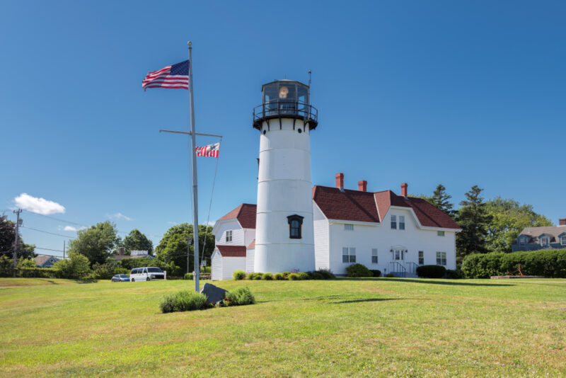 Things to do in Chatham, Chatham Light, white lighthouse with green lawn in front.