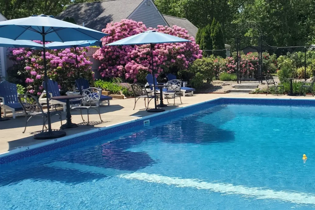 Platinum Pebble pool area with seating and gardens