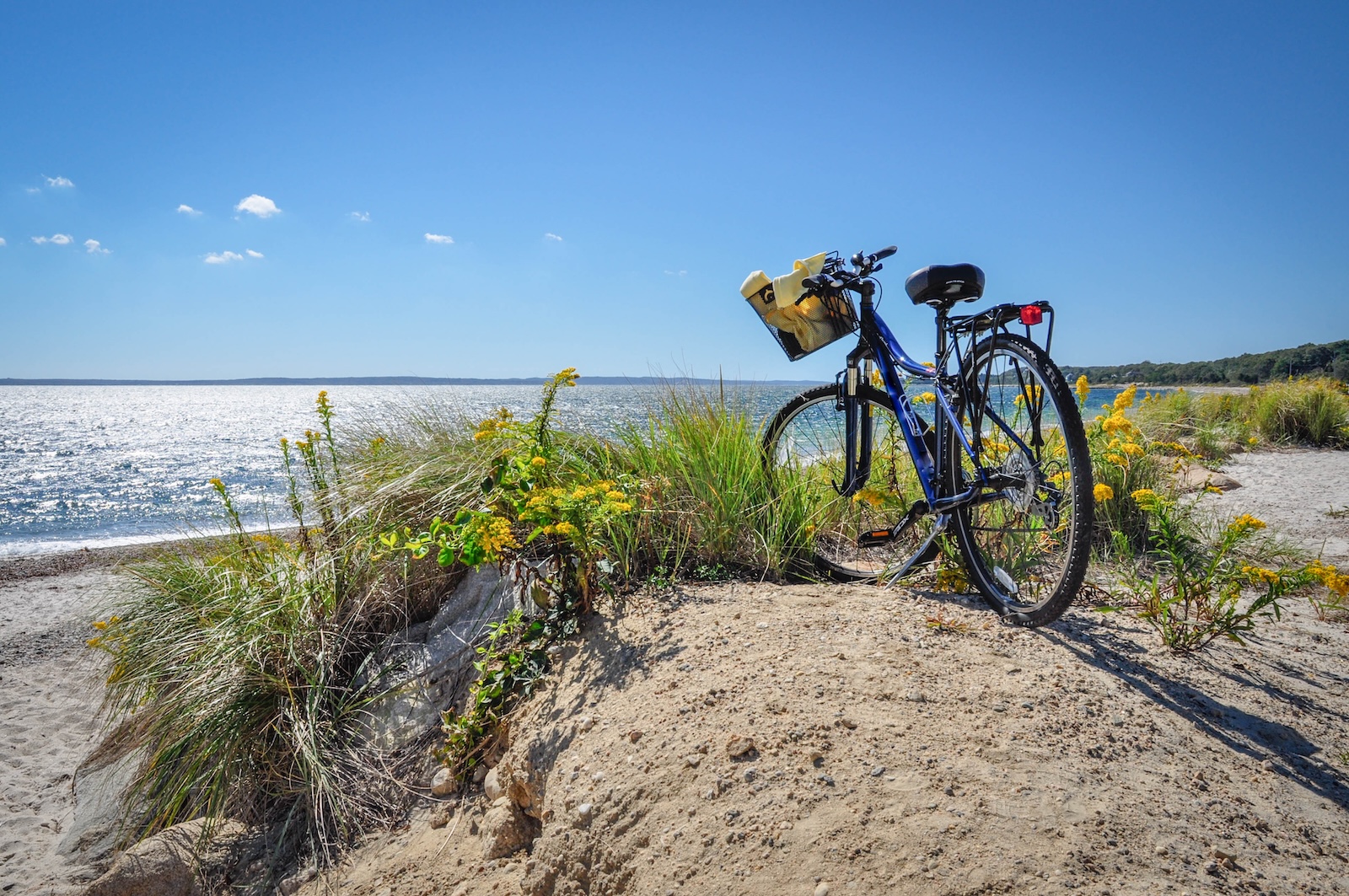 Parked Bicycle With Basket On Beach Bike Path